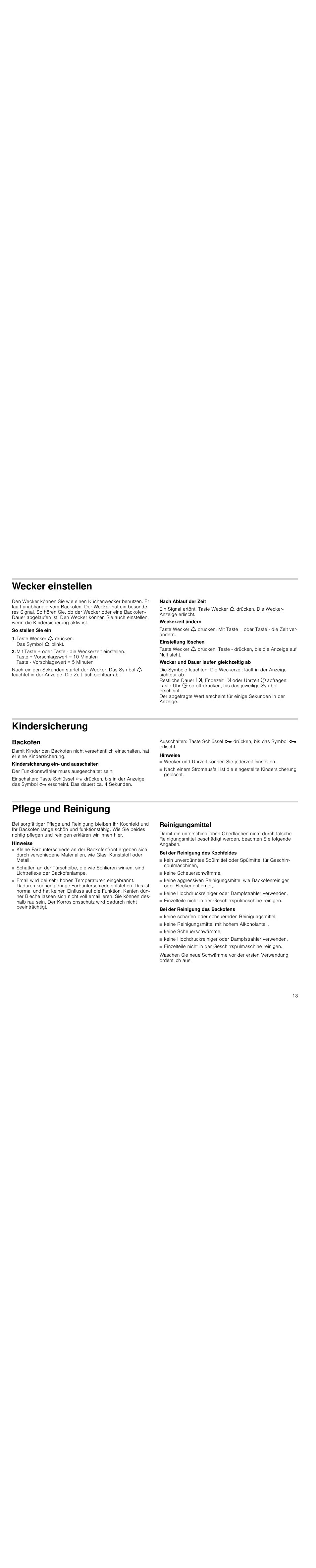 Wecker einstellen, Taste wecker s drücken. das symbol s blinkt, Kindersicherung | Backofen, Hinweise, Pflege und reinigung, Reinigungsmittel, Bei der reinigung des kochfeldes, Bei der reinigung des backofens | Siemens HC744540 User Manual | Page 13 / 100