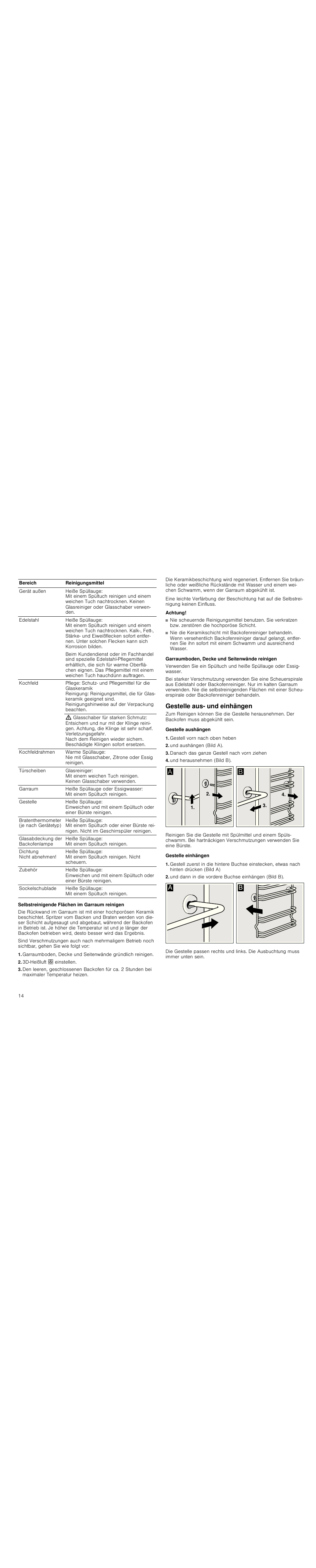 Selbstreinigende flächen im garraum reinigen, 3d-heißluft : einstellen, Achtung | Garraumboden, decke und seitenwände reinigen, Gestelle aus- und einhängen, Gestelle aushängen, Gestell vorn nach oben heben, Und aushängen (bild a), Danach das ganze gestell nach vorn ziehen, Und herausnehmen (bild b) | Siemens HC744540 User Manual | Page 14 / 100