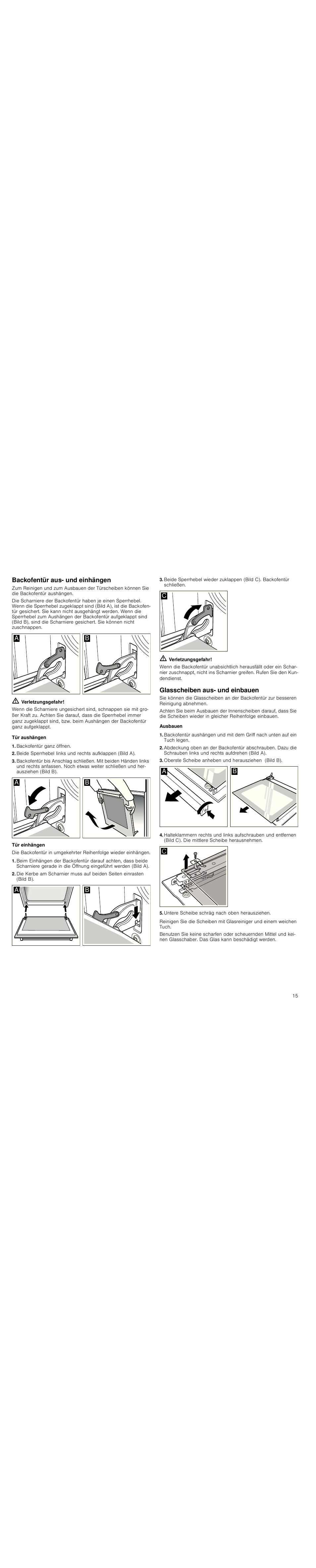 Backofentür aus- und einhängen, M verletzungsgefahr, Tür aushängen | Backofentür ganz öffnen, Tür einhängen, Glasscheiben aus- und einbauen, Ausbauen, Oberste scheibe anheben und herausziehen (bild b), Untere scheibe schräg nach oben herausziehen | Siemens HC744540 User Manual | Page 15 / 100