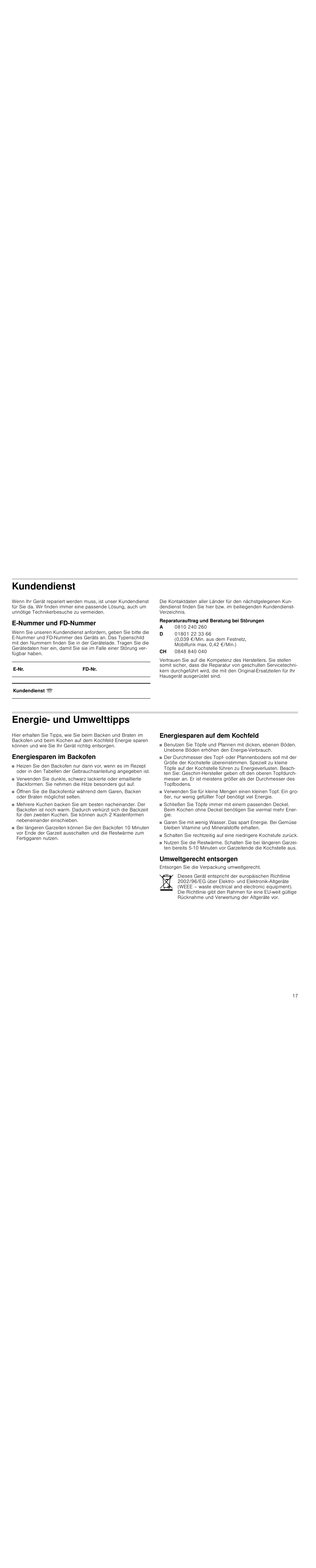 Kundendienst, E-nummer und fd-nummer, Reparaturauftrag und beratung bei störungen | Energie- und umwelttipps, Energiesparen im backofen, Energiesparen auf dem kochfeld, Umweltgerecht entsorgen | Siemens HC744540 User Manual | Page 17 / 100