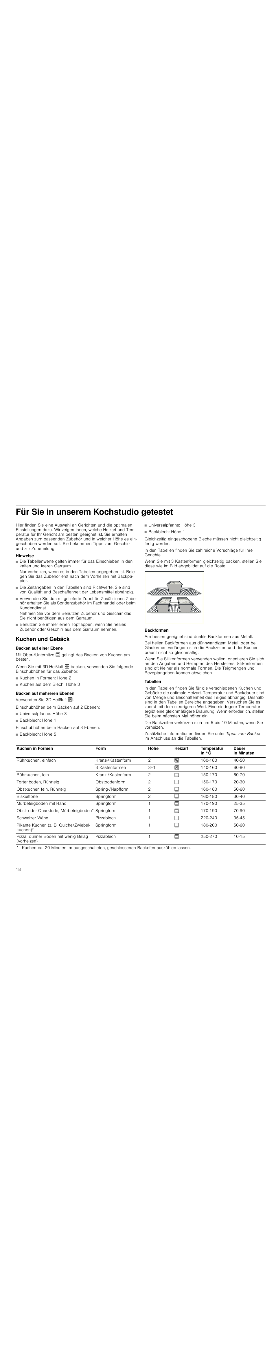 Für sie in unserem kochstudio getestet, Hinweise, Kuchen und gebäck | Backen auf einer ebene, Backen auf mehreren ebenen, Backformen, Tabellen | Siemens HC744540 User Manual | Page 18 / 100