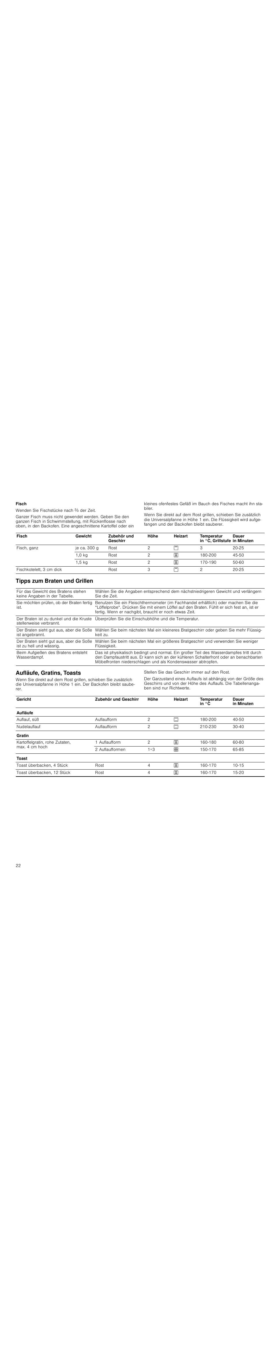 Fisch, Tipps zum braten und grillen, Aufläufe, gratins, toasts | Siemens HC744540 User Manual | Page 22 / 100