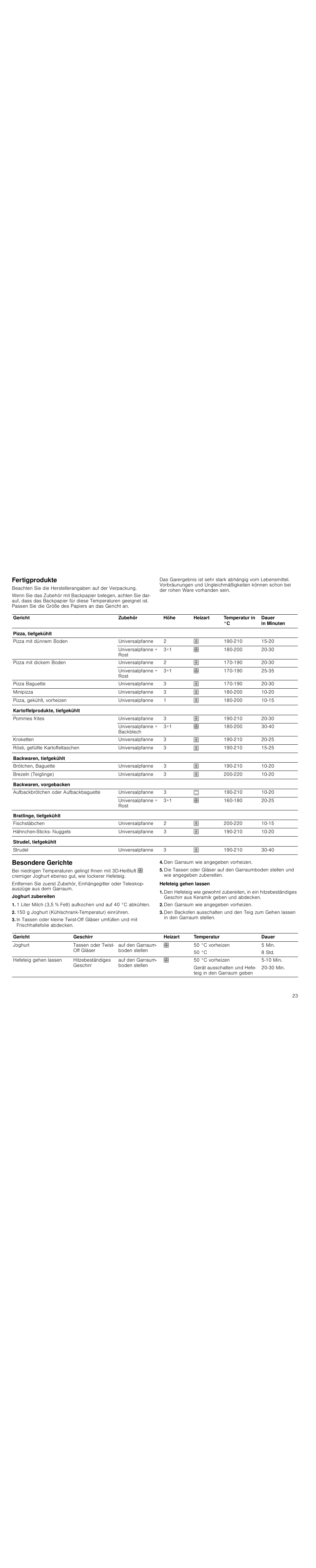 Fertigprodukte, Besondere gerichte, 150 g joghurt (kühlschrank-temperatur) einrühren | Den garraum wie angegeben vorheizen | Siemens HC744540 User Manual | Page 23 / 100