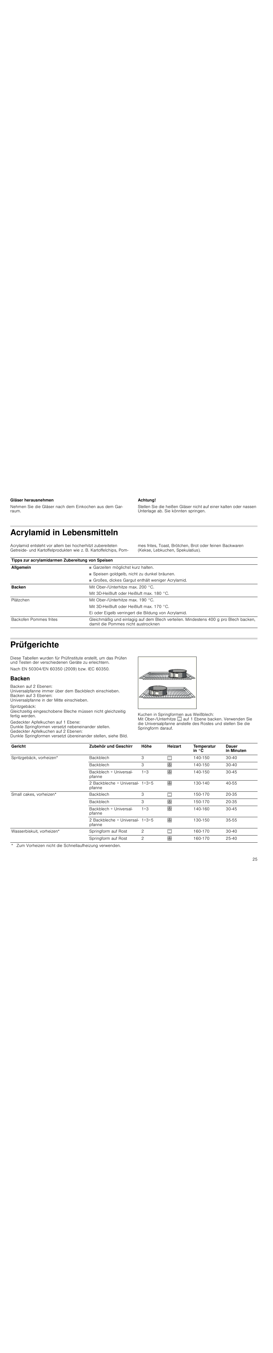 Gläser herausnehmen, Achtung, Acrylamid in lebensmitteln | Prüfgerichte, Backen | Siemens HC744540 User Manual | Page 25 / 100