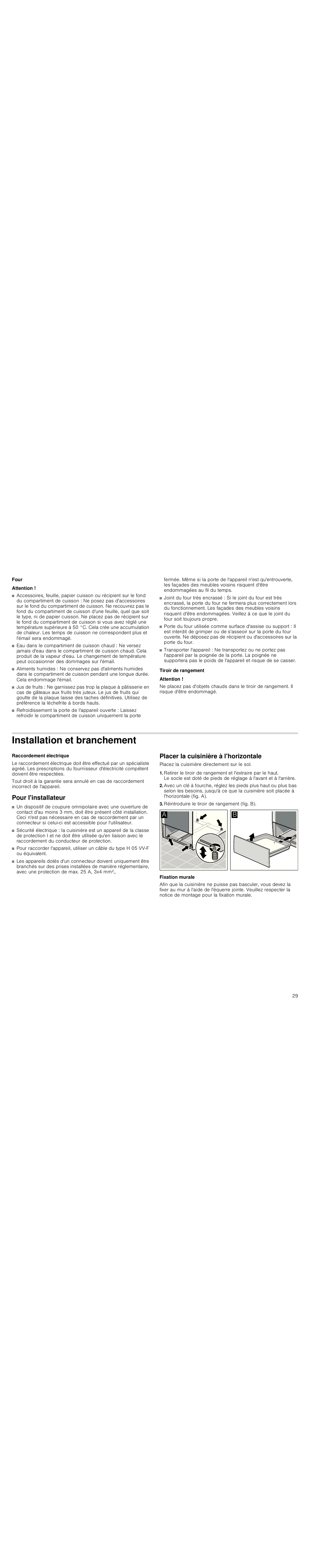 Four, Attention, Tiroir de rangement | Installation et branchement, Pour l'installateur, Placer la cuisinière à l'horizontale, Réintroduire le tiroir de rangement (fig. b), Fixation murale | Siemens HC744540 User Manual | Page 29 / 100