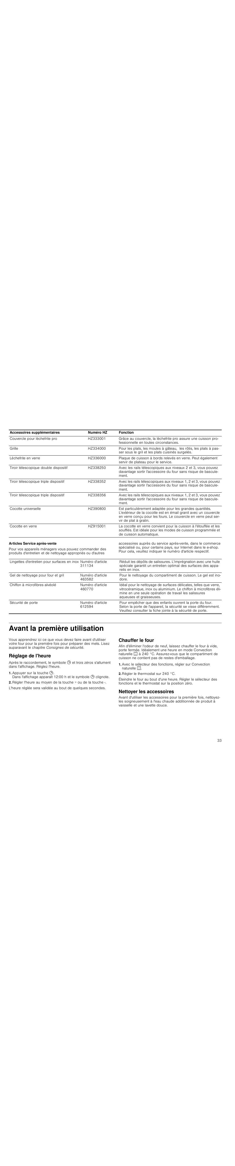 Articles service après-vente, Avant la première utilisation, Réglage de l'heure | Chauffer le four, Régler le thermostat sur 240 °c, Nettoyer les accessoires | Siemens HC744540 User Manual | Page 33 / 100