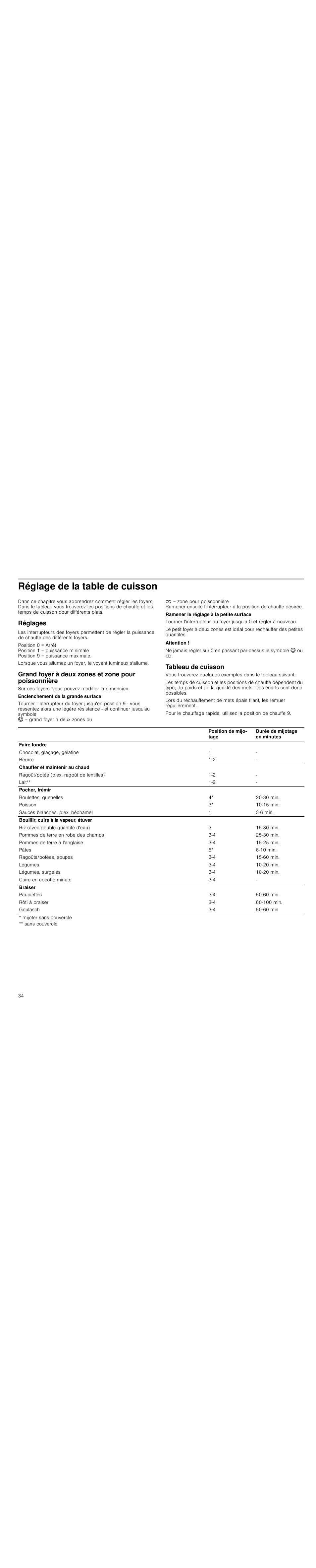 Réglage de la table de cuisson, Réglages, Grand foyer à deux zones et zone pour poissonnière | Attention, Tableau de cuisson | Siemens HC744540 User Manual | Page 34 / 100