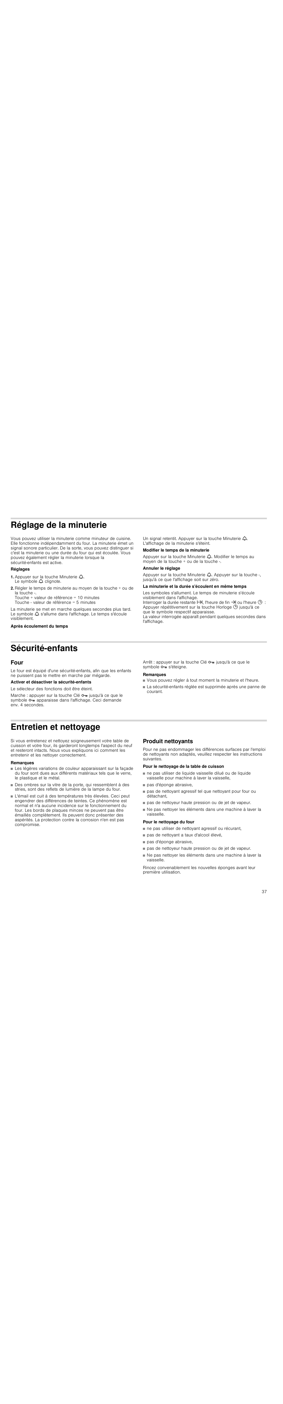 Réglage de la minuterie, Sécurité­enfants, Four | Remarques, Entretien et nettoyage, Produit nettoyants, Pour le nettoyage de la table de cuisson, Pour le nettoyage du four, Sécurité ­enfants | Siemens HC744540 User Manual | Page 37 / 100