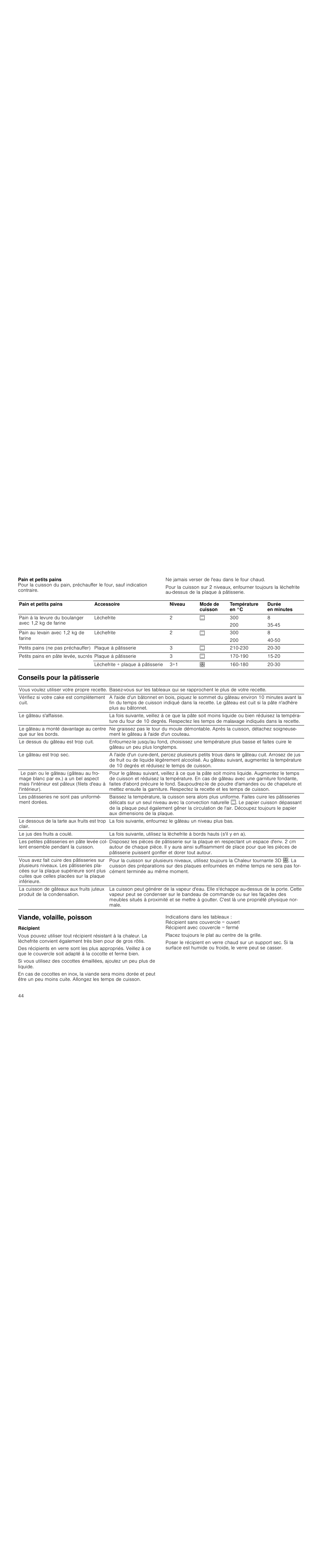 Conseils pour la pâtisserie, Viande, volaille, poisson, Récipient | Siemens HC744540 User Manual | Page 44 / 100