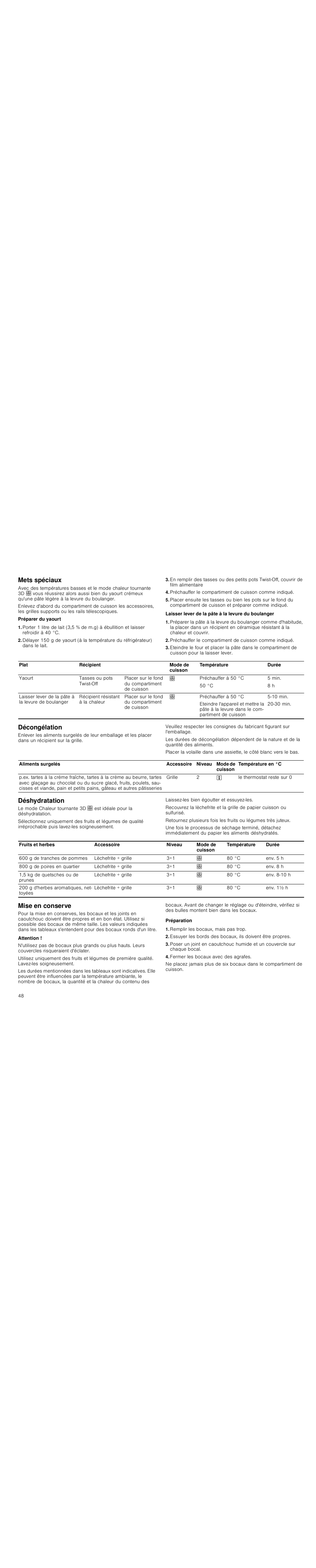 Mets spéciaux, Décongélation, Déshydratation | Mise en conserve, Attention, Préparation, Remplir les bocaux, mais pas trop, Fermer les bocaux avec des agrafes | Siemens HC744540 User Manual | Page 48 / 100