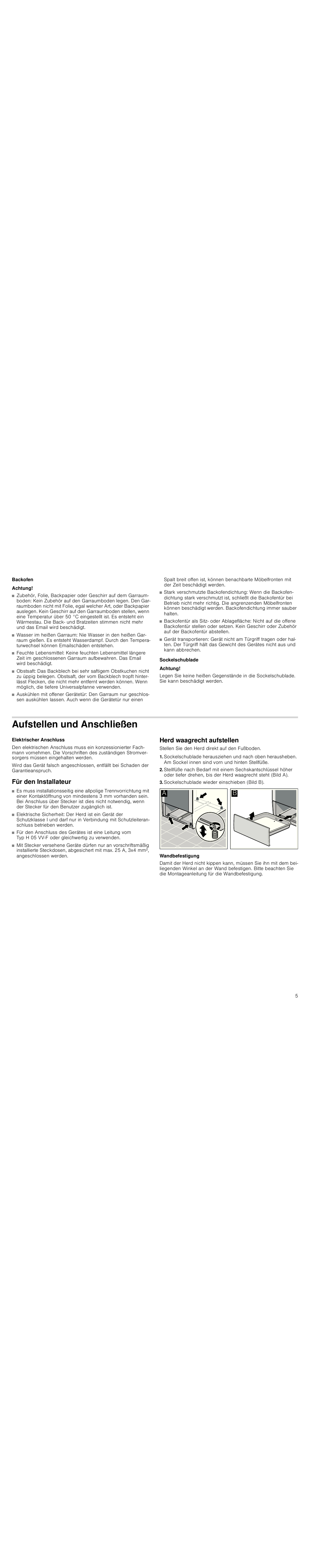 Backofen, Achtung, Sockelschublade | Aufstellen und anschließen, Für den installateur, Herd waagrecht aufstellen, Sockelschublade wieder einschieben (bild b), Wandbefestigung | Siemens HC744540 User Manual | Page 5 / 100