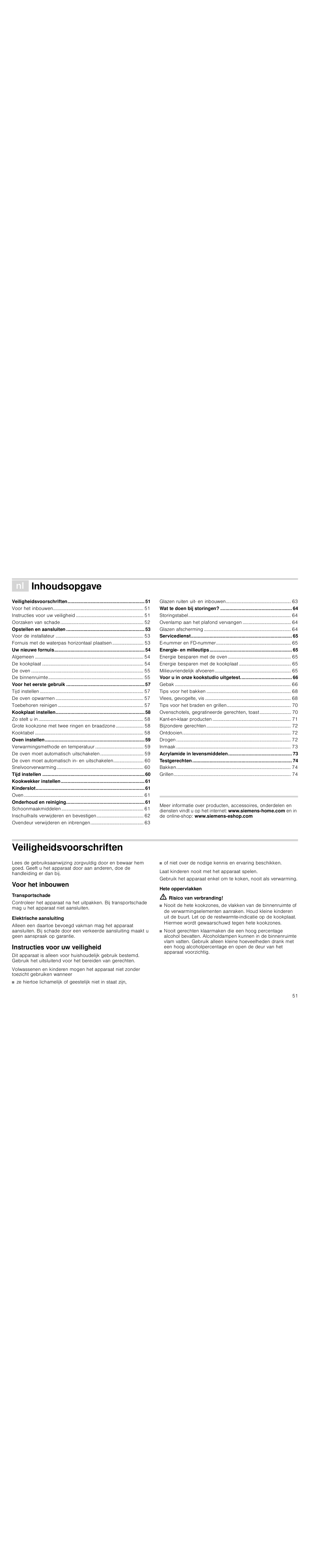 É inhoudsopgave[nl] gebruiksaanwijzing, Veiligheidsvoorschriften, Voor het inbouwen | Transportschade, Elektrische aansluiting, Instructies voor uw veiligheid, Hete oppervlakken, M risico van verbranding, Inhoudsopgave, Produktinfo | Siemens HC744540 User Manual | Page 51 / 100