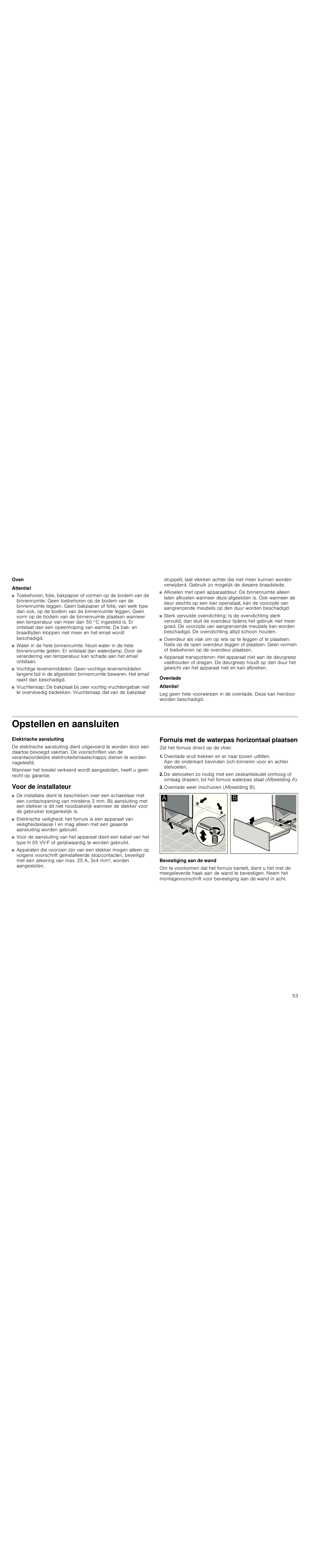 Oven, Attentie, Ovenlade | Opstellen en aansluiten, Voor de installateur, Fornuis met de waterpas horizontaal plaatsen, Ovenlade weer inschuiven (afbeelding b), Bevestiging aan de wand | Siemens HC744540 User Manual | Page 53 / 100