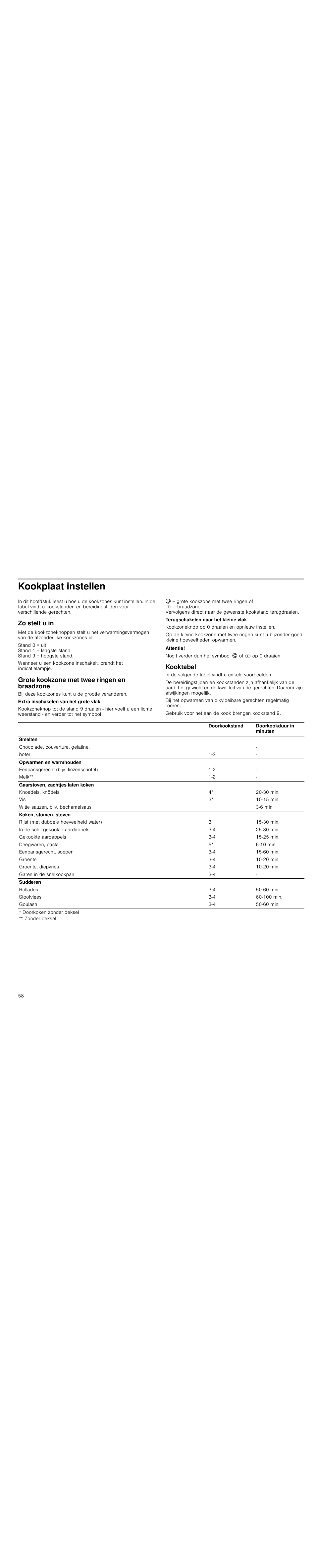 Kookplaat instellen, Zo stelt u in, Grote kookzone met twee ringen en braadzone | Attentie, Kooktabel | Siemens HC744540 User Manual | Page 58 / 100