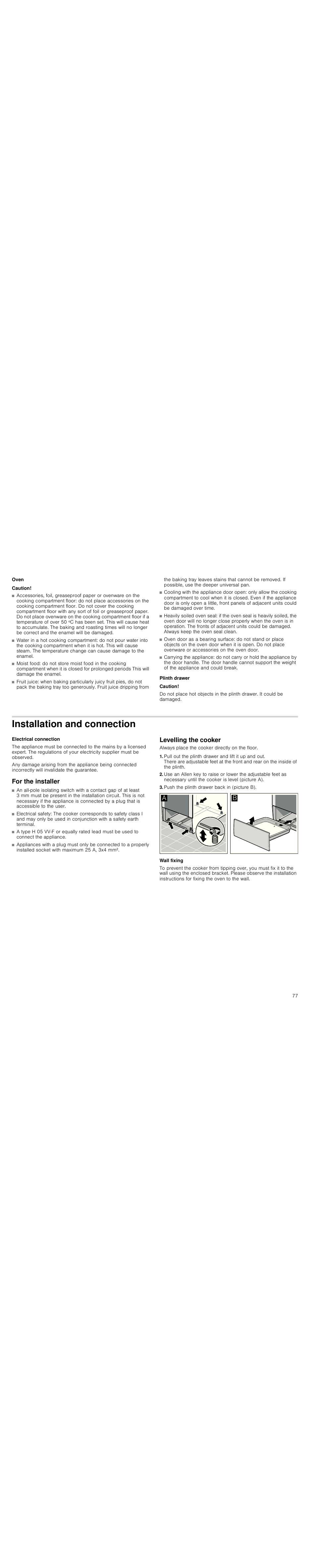 Oven, Caution, Plinth drawer | Installation and connection, For the installer, Levelling the cooker, Push the plinth drawer back in (picture b), Wall fixing | Siemens HC744540 User Manual | Page 77 / 100