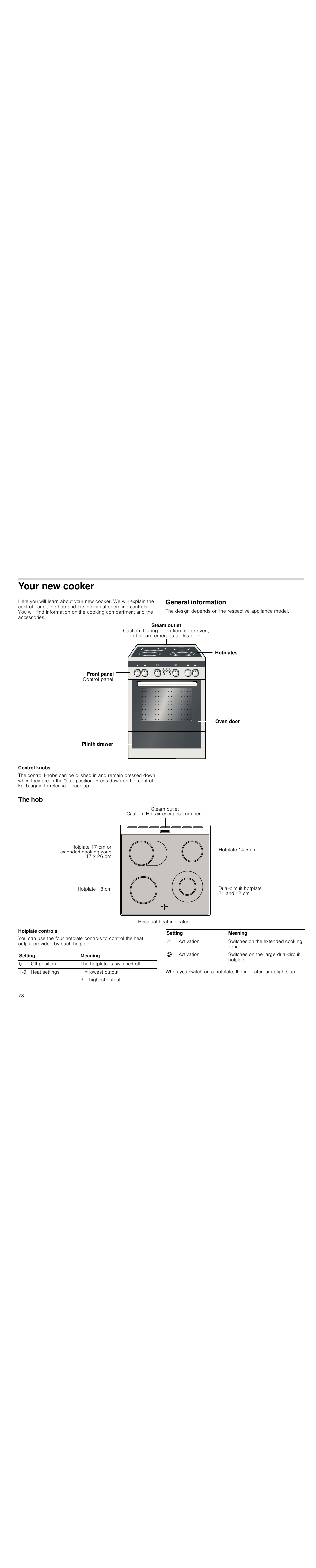 Your new cooker, General information, Control knobs | The hob, Hotplate controls | Siemens HC744540 User Manual | Page 78 / 100