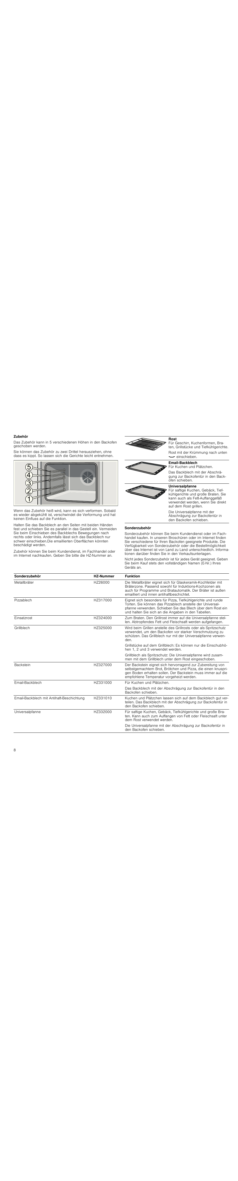 Zubehör, Sonderzubehör | Siemens HC744540 User Manual | Page 8 / 100