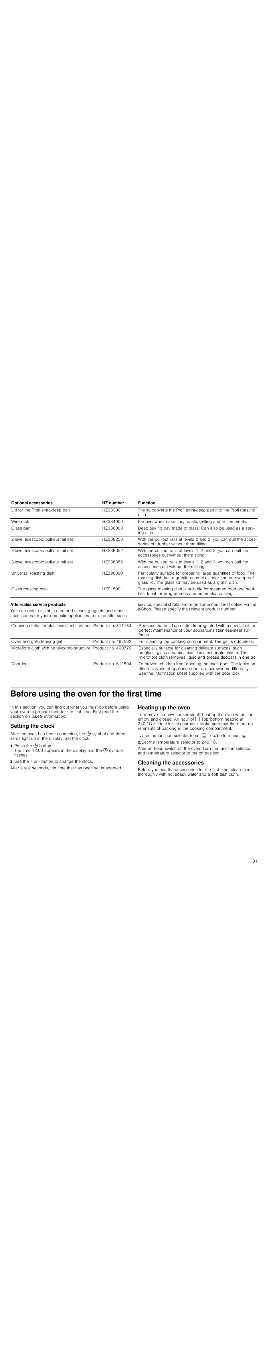 After-sales service products, Before using the oven for the first time, Setting the clock | Use the + or - button to change the clock, Heating up the oven, Set the temperature selector to 240 °c, Cleaning the accessories | Siemens HC744540 User Manual | Page 81 / 100