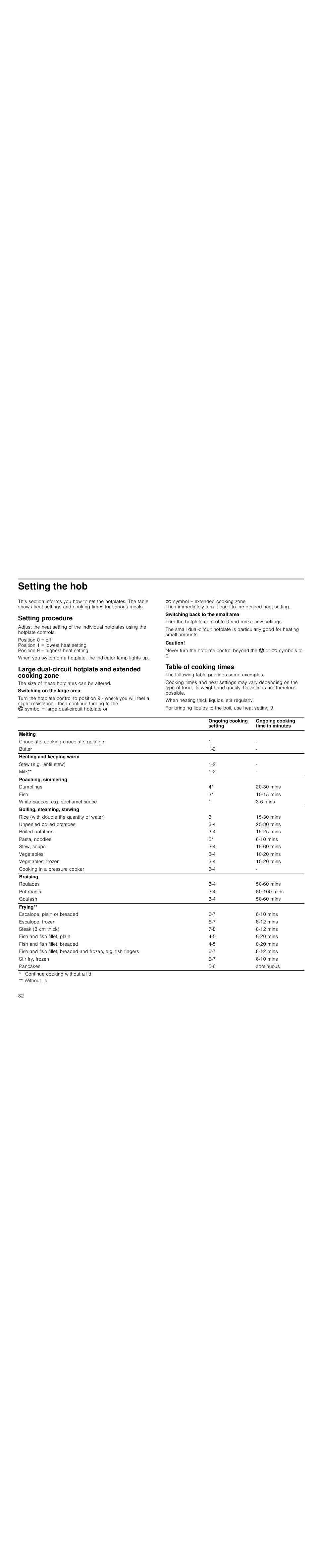 Setting the hob, Setting procedure, Caution | Table of cooking times | Siemens HC744540 User Manual | Page 82 / 100