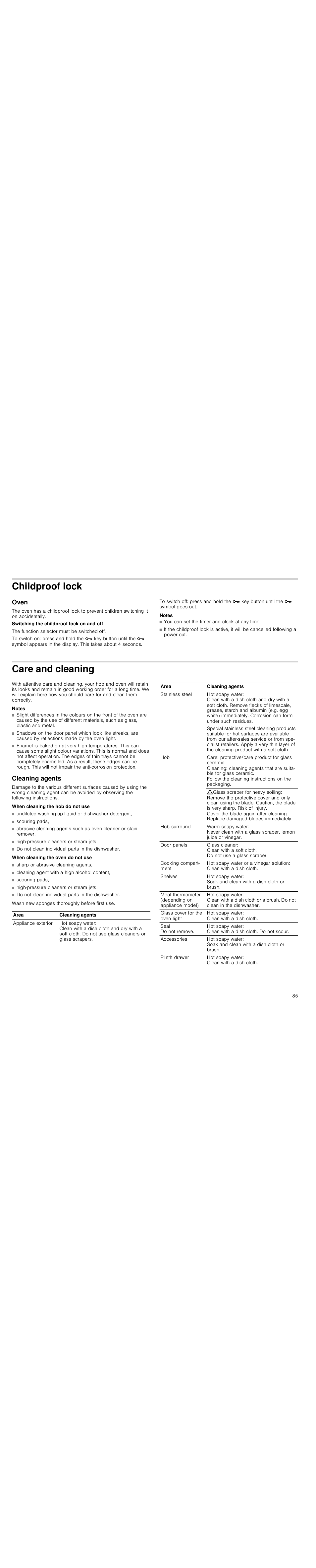 Childproof lock, Oven, Notes | Care and cleaning, Cleaning agents, When cleaning the hob do not use, When cleaning the oven do not use | Siemens HC744540 User Manual | Page 85 / 100