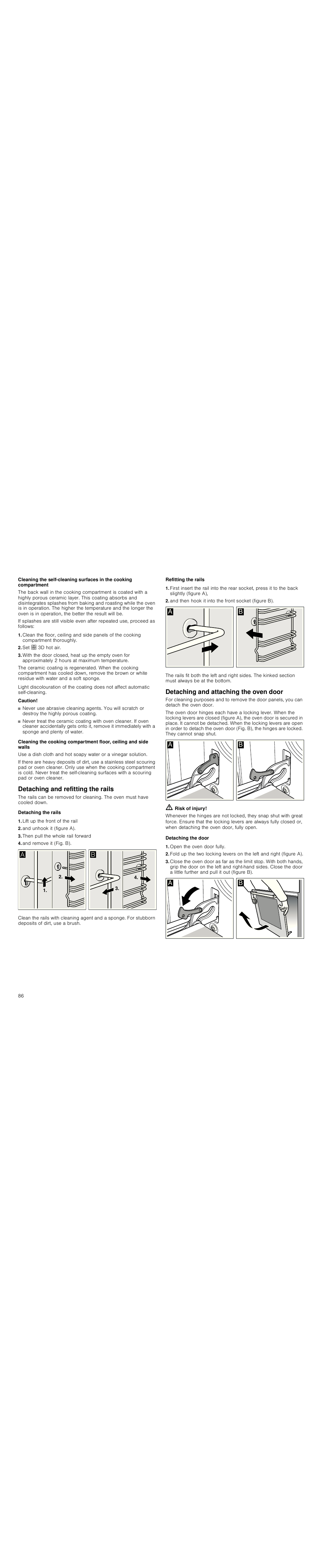 Set : 3d hot air, Caution, Detaching and refitting the rails | Detaching the rails, Lift up the front of the rail, And unhook it (figure a), Then pull the whole rail forward, And remove it (fig. b), Refitting the rails, And then hook it into the front socket (figure b) | Siemens HC744540 User Manual | Page 86 / 100