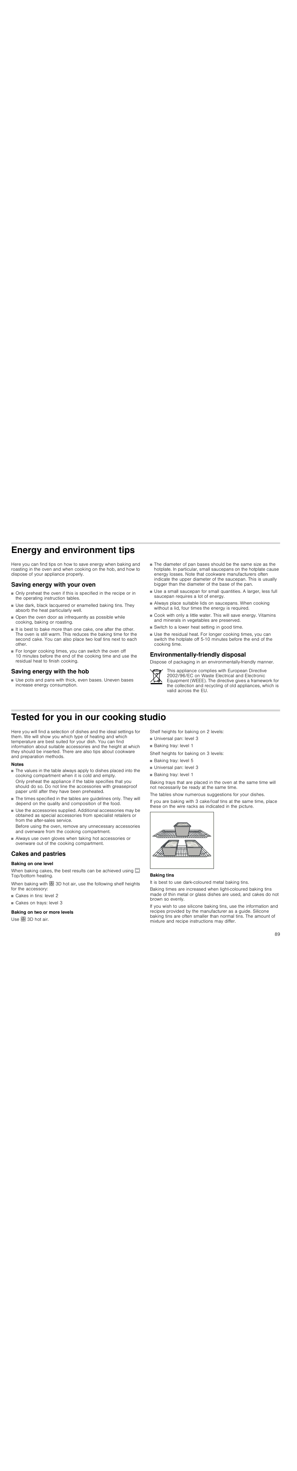 Energy and environment tips, Saving energy with your oven, Saving energy with the hob | Environmentally-friendly disposal, Tested for you in our cooking studio, Notes, Cakes and pastries, Baking on one level, Baking on two or more levels, Baking tins | Siemens HC744540 User Manual | Page 89 / 100