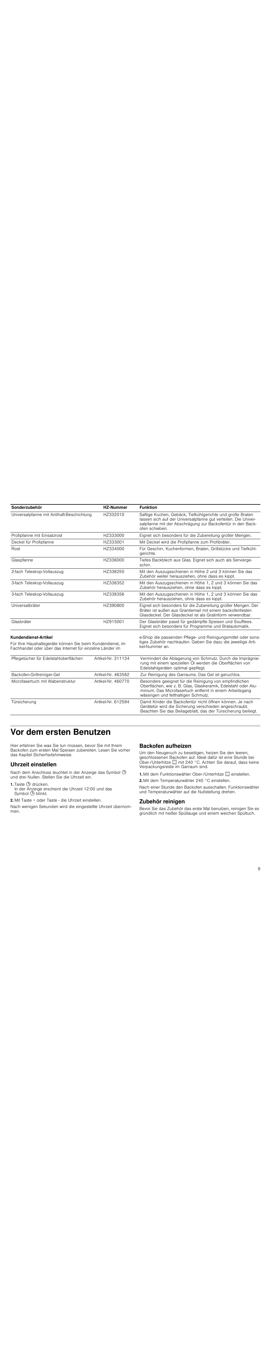 Kundendienst-artikel, Vor dem ersten benutzen, Uhrzeit einstellen | Mit taste + oder taste - die uhrzeit einstellen, Backofen aufheizen, Mit dem temperaturwähler 240 °c einstellen, Zubehör reinigen | Siemens HC744540 User Manual | Page 9 / 100