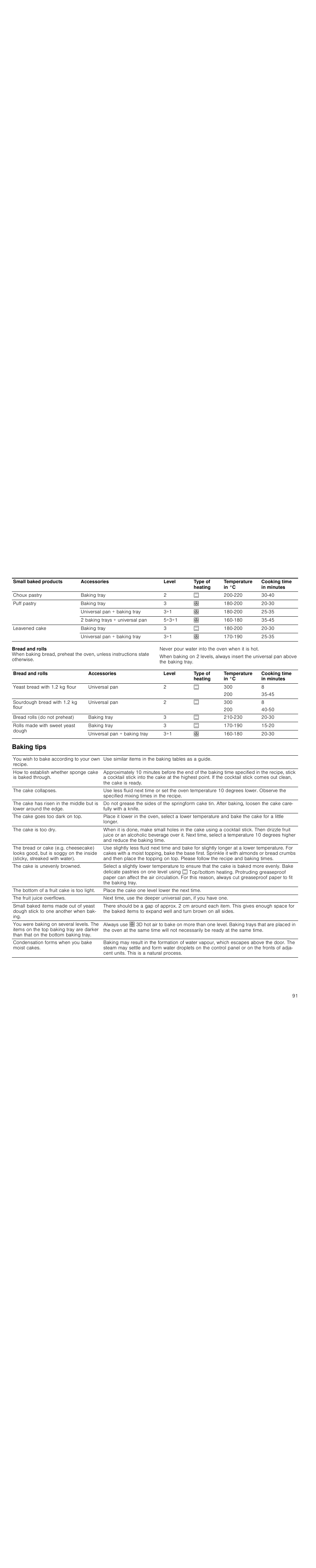 Baking tips | Siemens HC744540 User Manual | Page 91 / 100