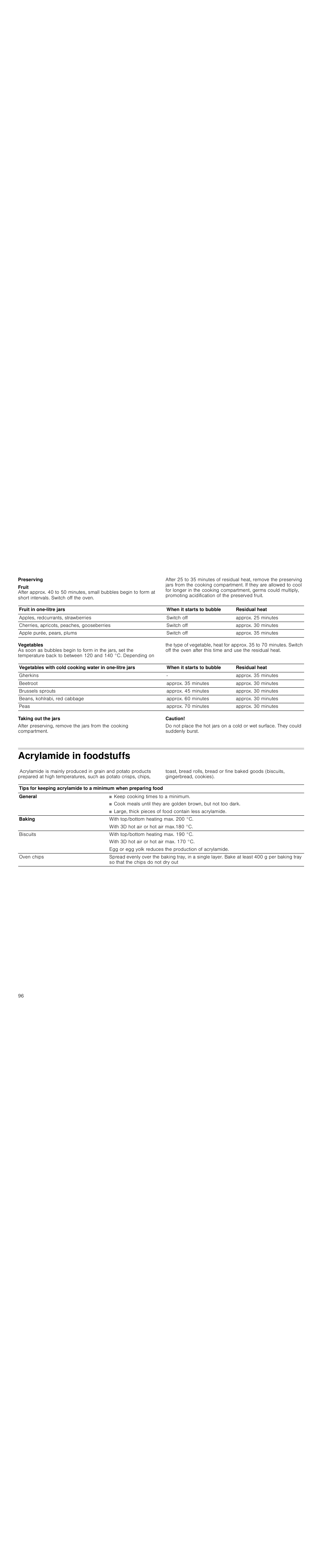 Preserving, Taking out the jars, Caution | Acrylamide in foodstuffs | Siemens HC744540 User Manual | Page 96 / 100