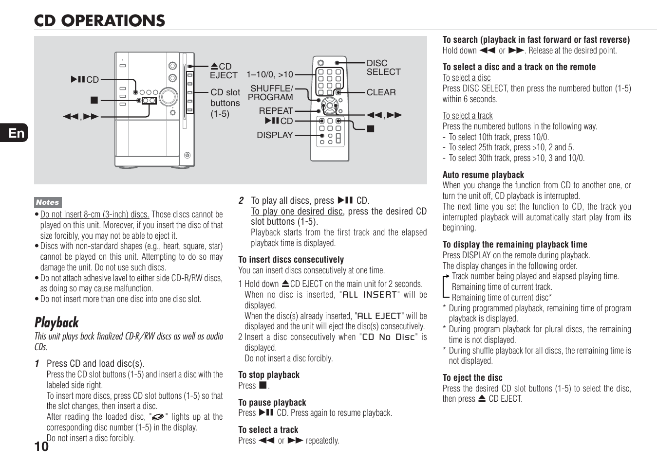 Cd operations, Playback, 10 en | Aiwa XR-MN5 User Manual | Page 10 / 26