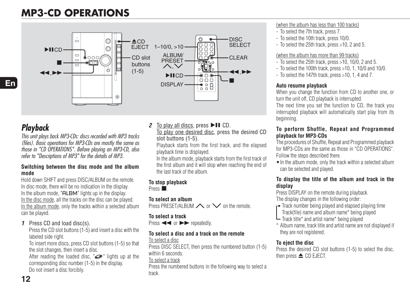 Mp3-cd operations, Playback, 12 en | Aiwa XR-MN5 User Manual | Page 12 / 26