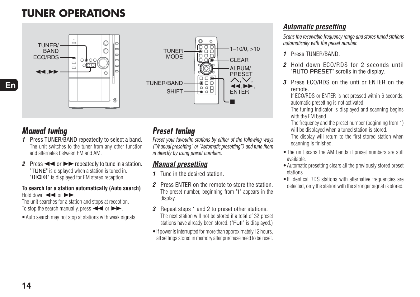 Tuner operations, Manual tuning, Preset tuning | 14 en | Aiwa XR-MN5 User Manual | Page 14 / 26