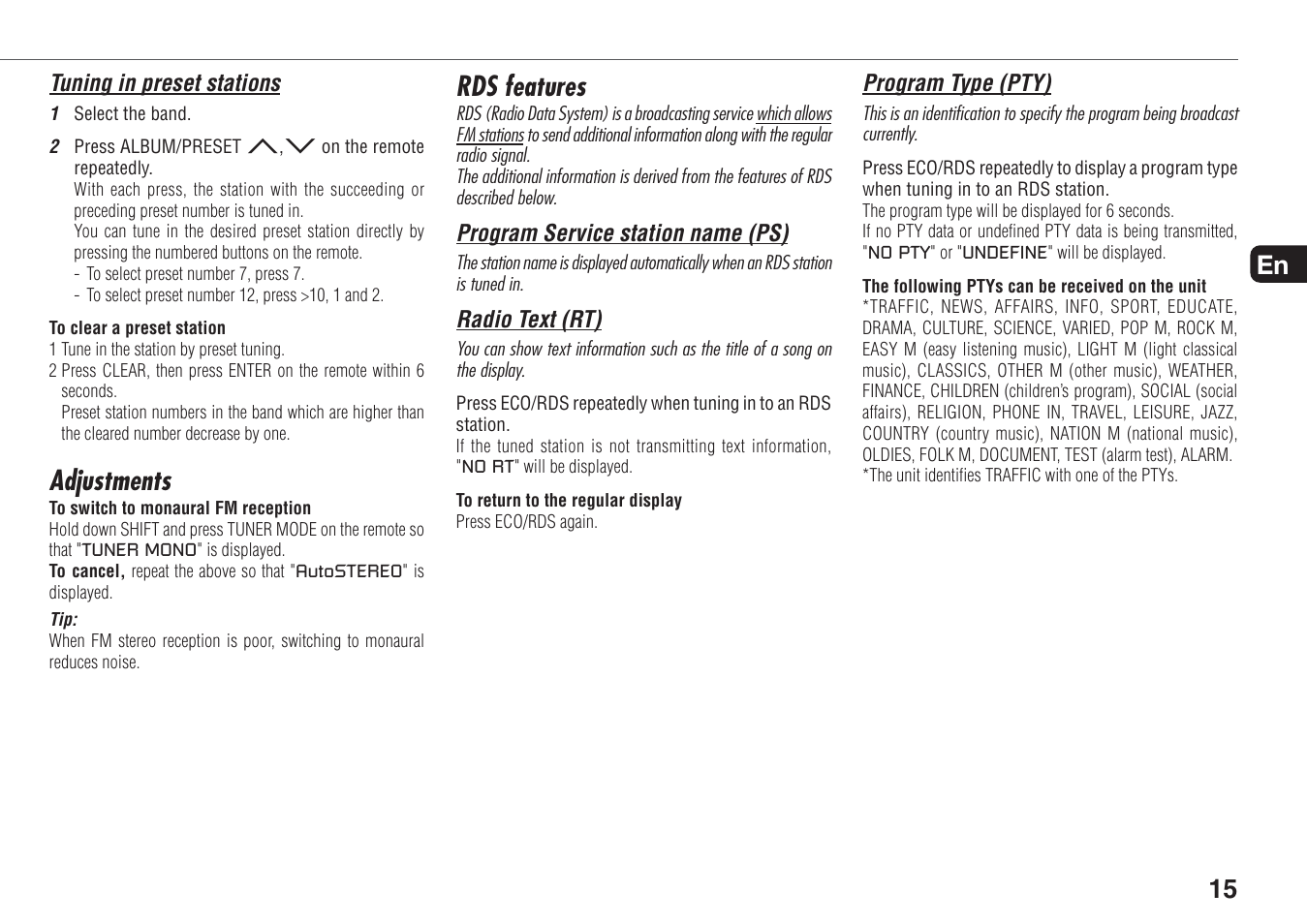 Rds features, Adjustments, 15 en | Aiwa XR-MN5 User Manual | Page 15 / 26