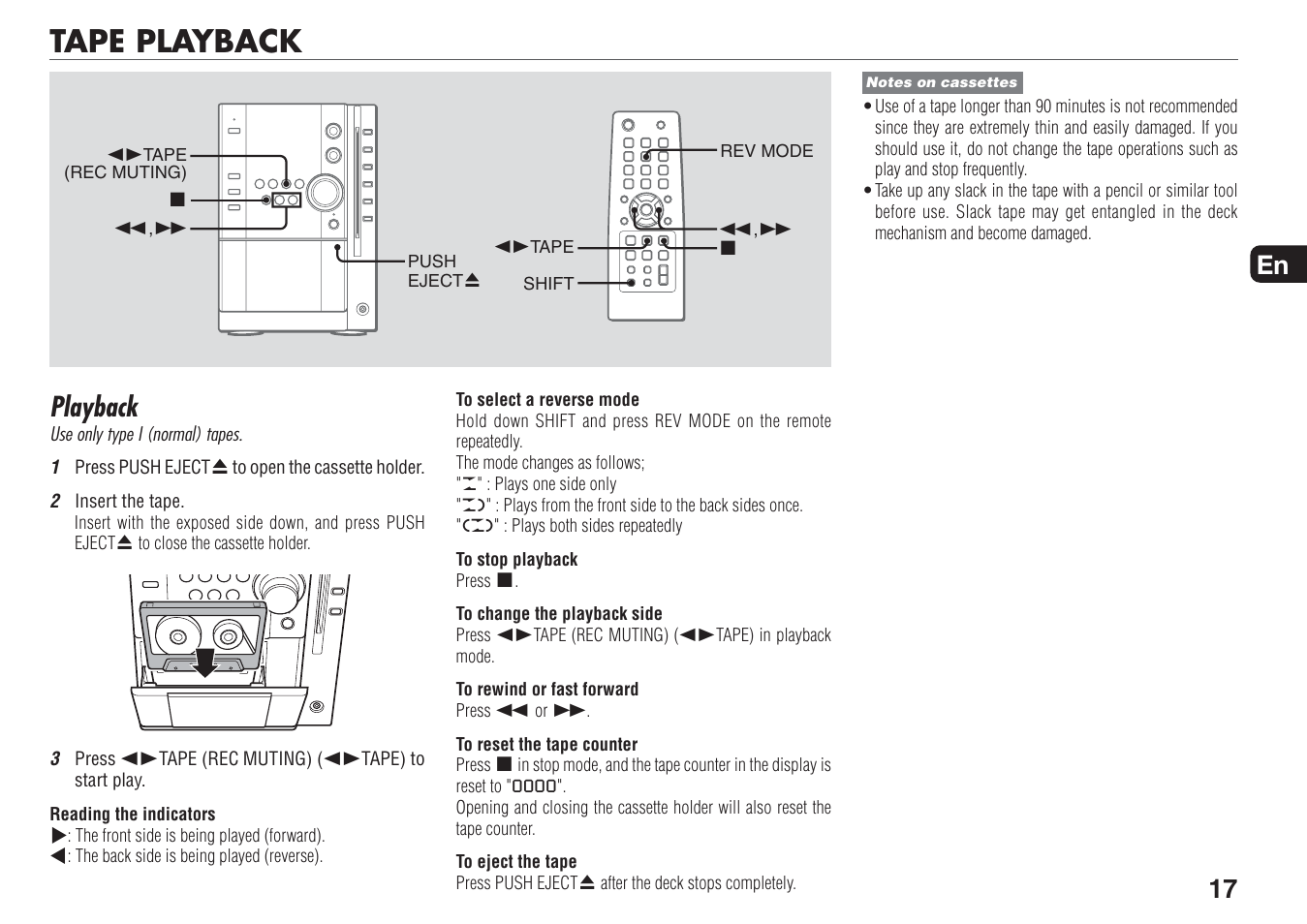 Tape playback, Playback, 17 en | Aiwa XR-MN5 User Manual | Page 17 / 26