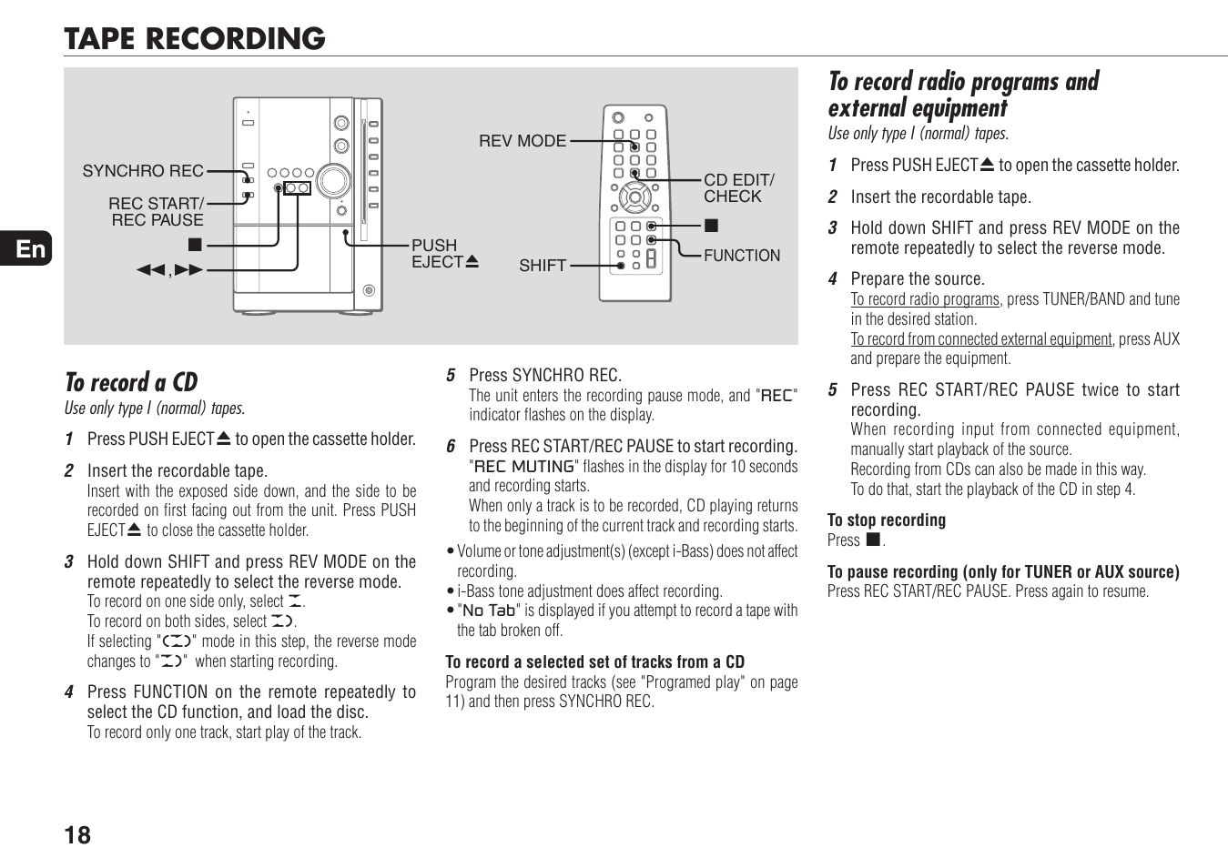 Tape recording, 18 en | Aiwa XR-MN5 User Manual | Page 18 / 26