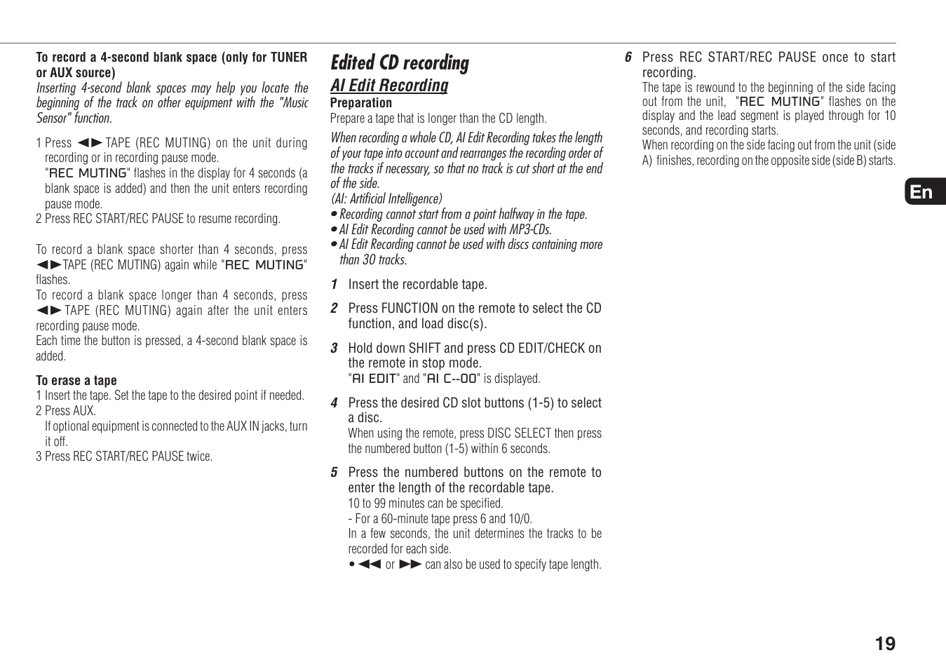 Edited cd recording, 19 en | Aiwa XR-MN5 User Manual | Page 19 / 26