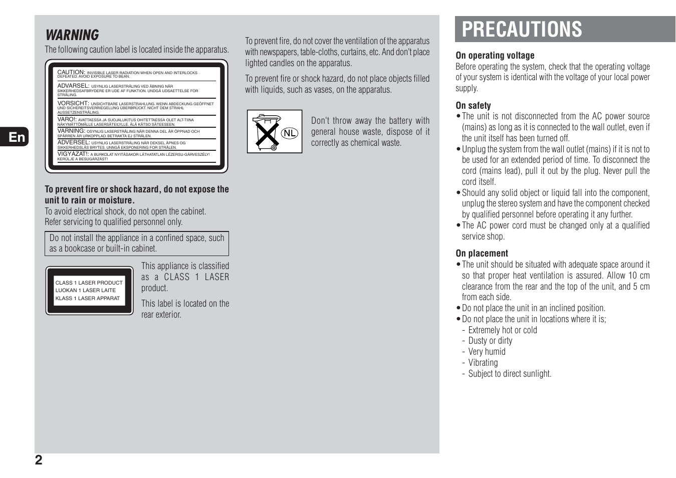 Precautions, Warning | Aiwa XR-MN5 User Manual | Page 2 / 26