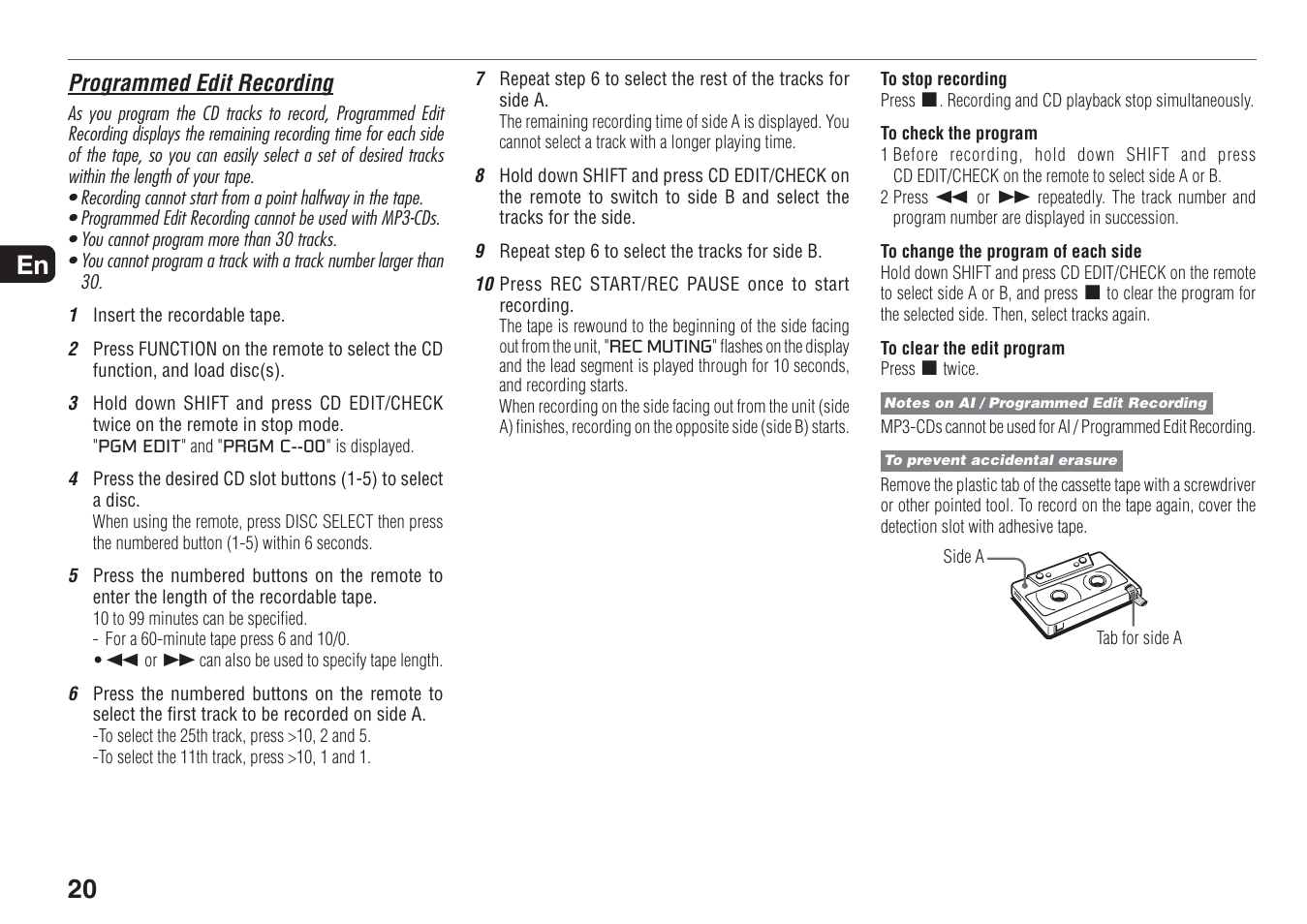 20 en, Programmed edit recording | Aiwa XR-MN5 User Manual | Page 20 / 26
