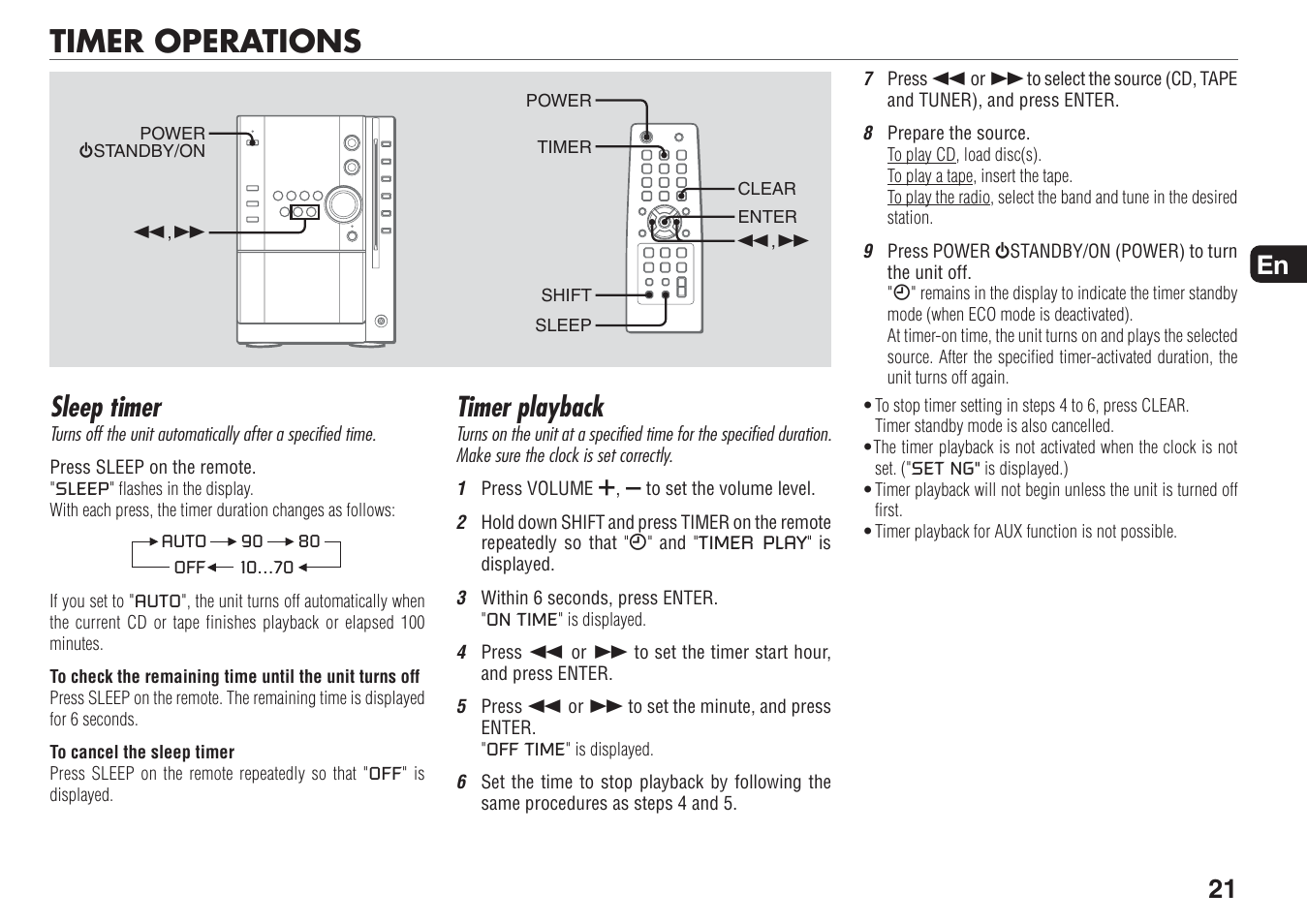 Timer operations, Sleep timer, Timer playback | 21 en | Aiwa XR-MN5 User Manual | Page 21 / 26