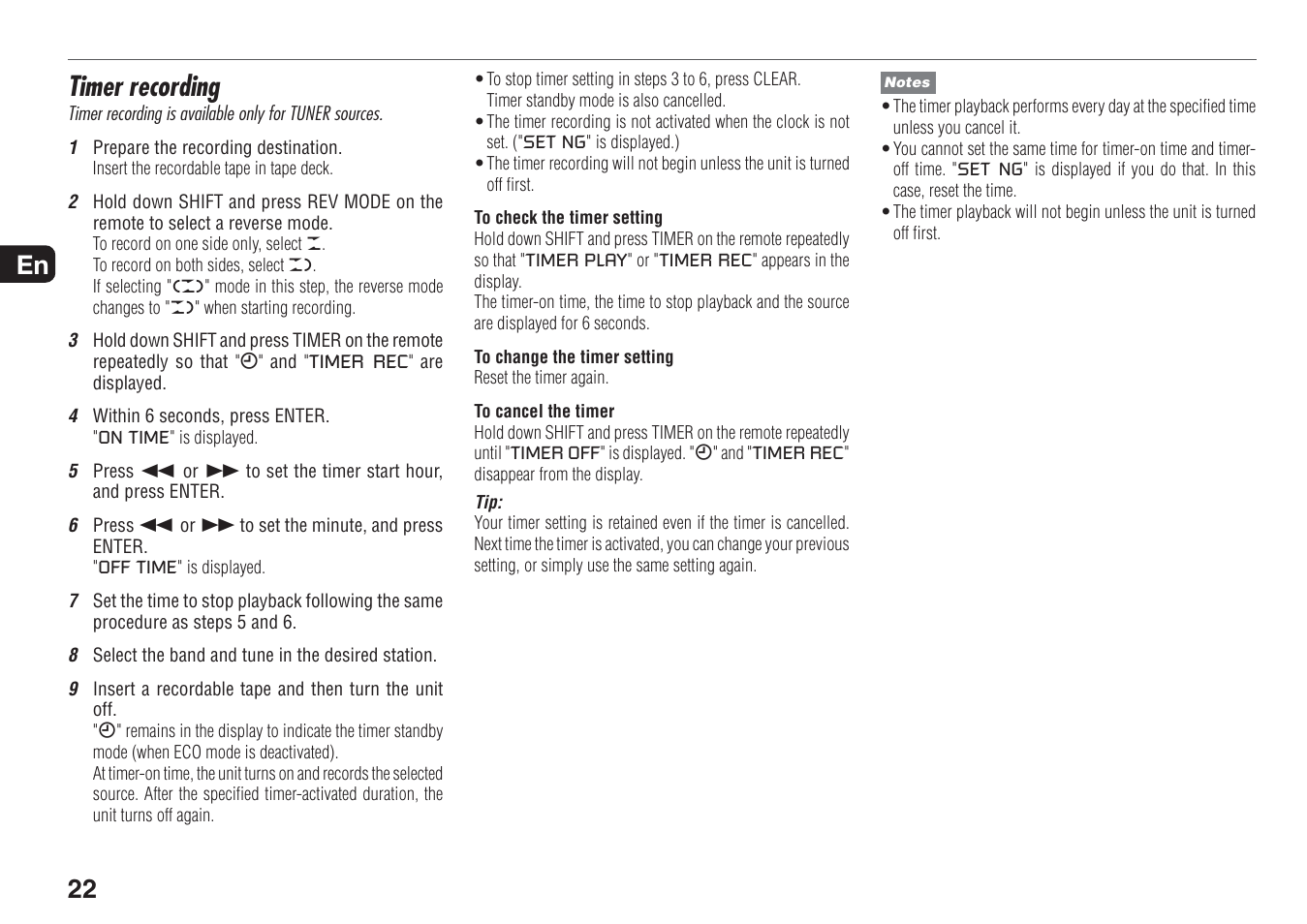 Timer recording, 22 en | Aiwa XR-MN5 User Manual | Page 22 / 26