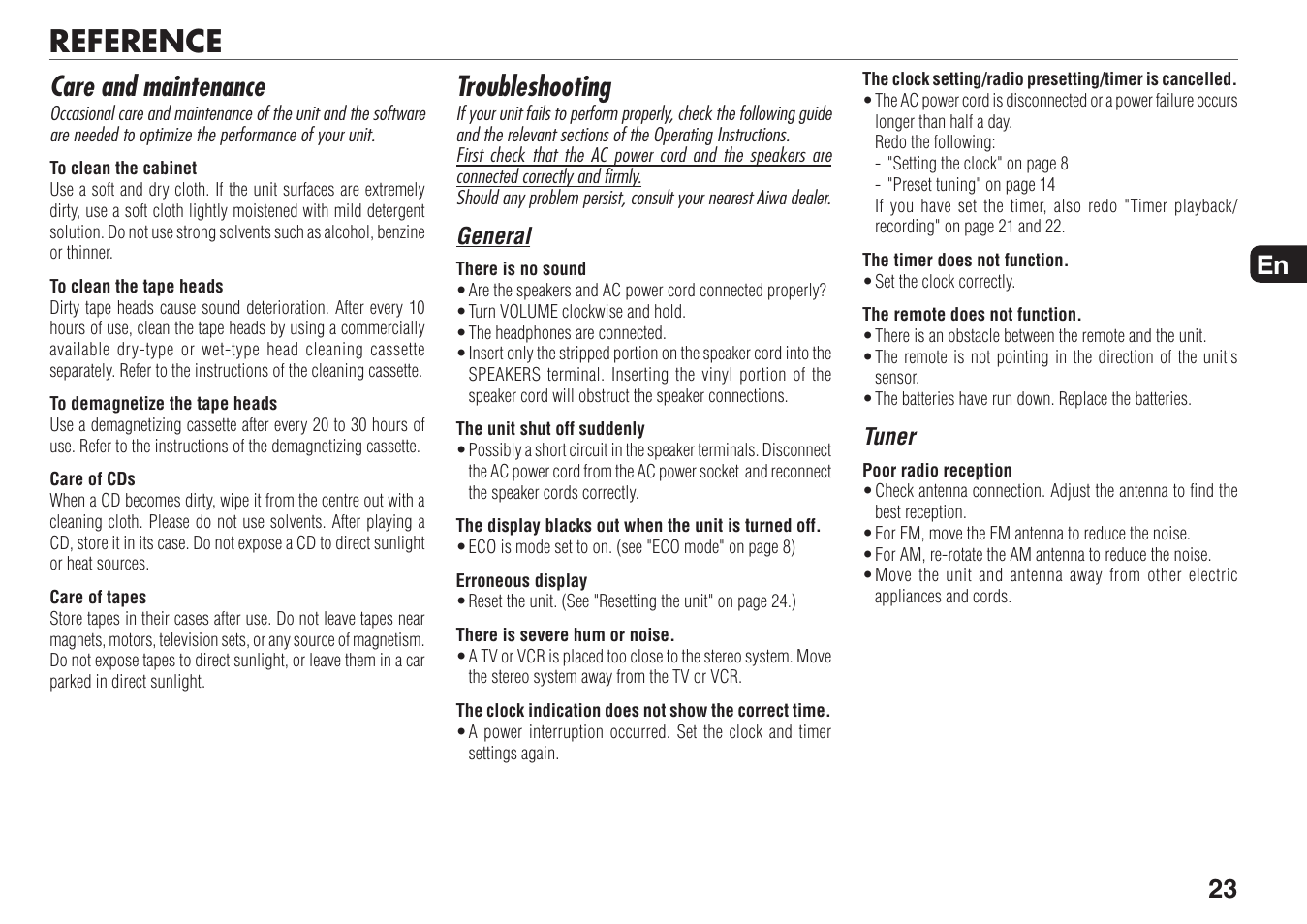 Reference, Troubleshooting, Care and maintenance | 23 en | Aiwa XR-MN5 User Manual | Page 23 / 26