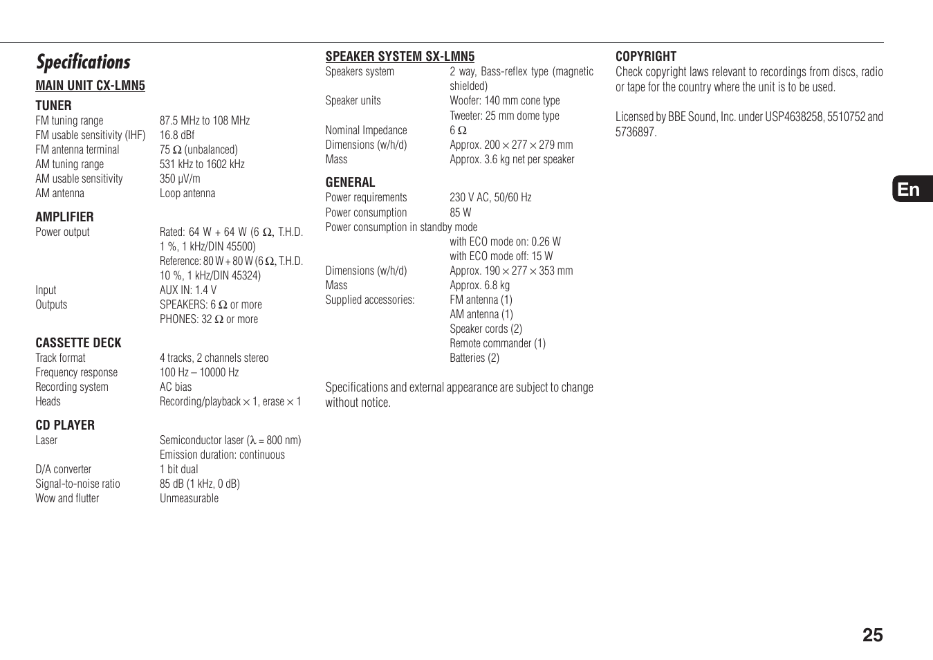 Specifications, En 25 | Aiwa XR-MN5 User Manual | Page 25 / 26