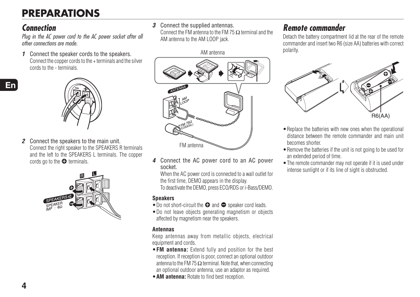 Preparations, Remote commander, Connection | Aiwa XR-MN5 User Manual | Page 4 / 26