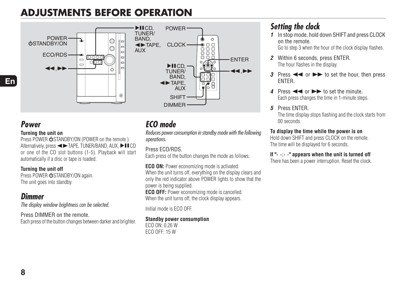 Adjustments before operation, Eco mode, Setting the clock | Power, Dimmer | Aiwa XR-MN5 User Manual | Page 8 / 26