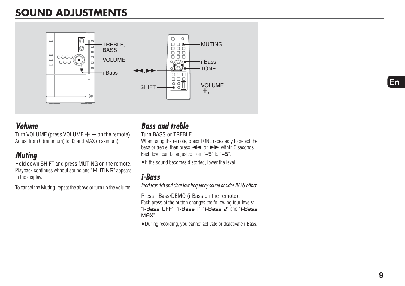 Sound adjustments, Volume, Muting | Bass and treble, I-bass | Aiwa XR-MN5 User Manual | Page 9 / 26