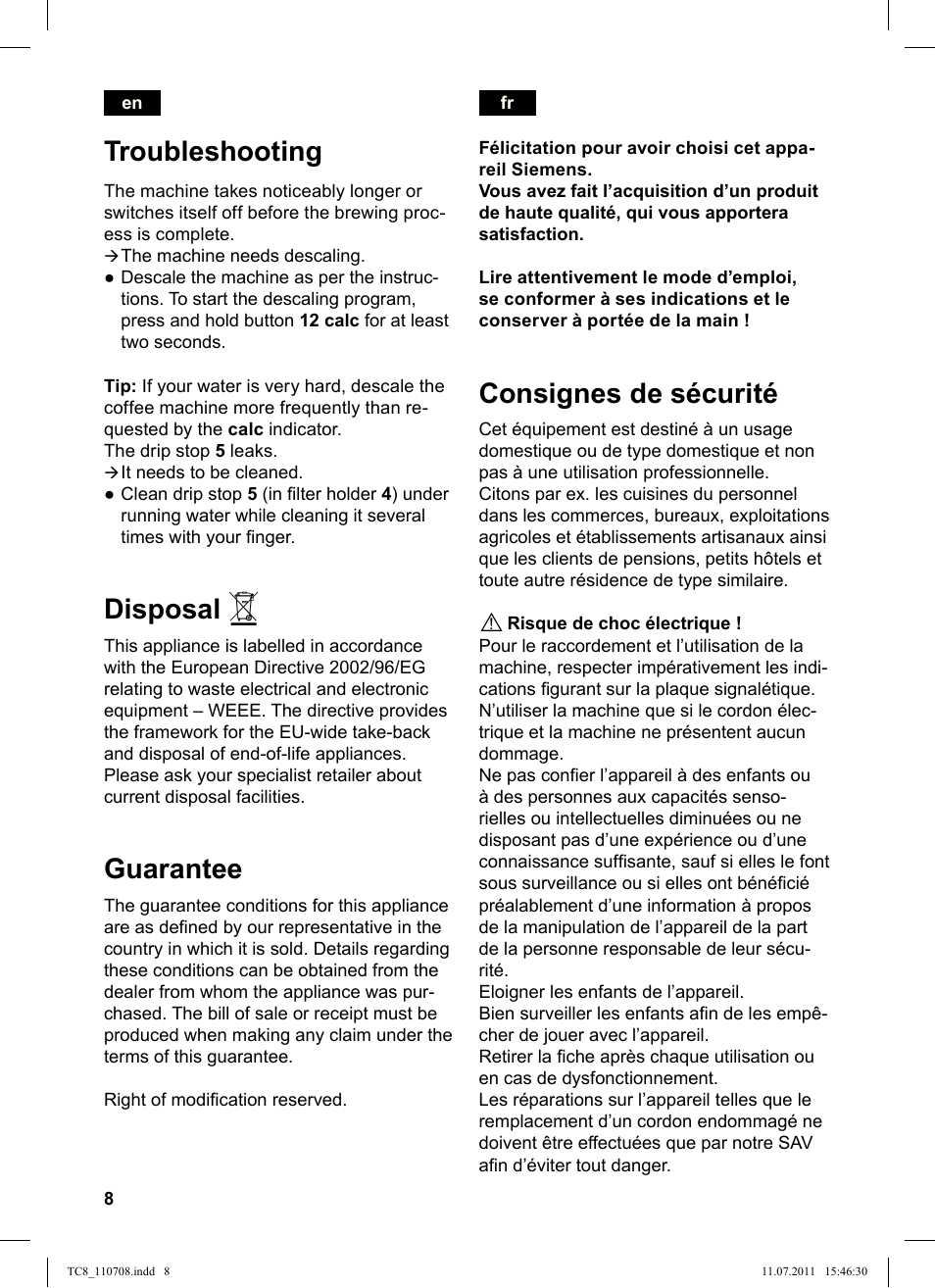 Troubleshooting, Disposal, Guarantee | Consignes de sécurité | Siemens TC80104 User Manual | Page 10 / 76