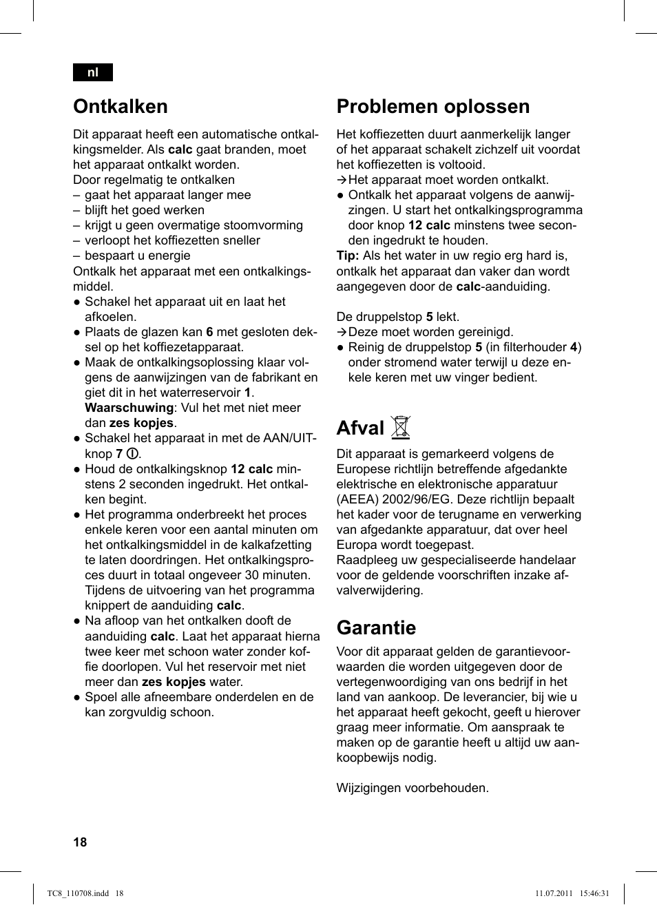 Ontkalken, Problemen oplossen, Afval | Garantie | Siemens TC80104 User Manual | Page 20 / 76