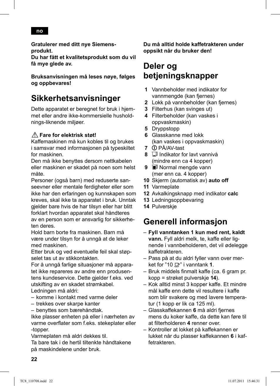 Sikkerhetsanvisninger, Deler og betjeningsknapper, Generell informasjon | Siemens TC80104 User Manual | Page 24 / 76