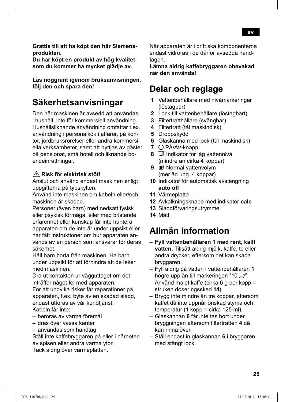 Säkerhetsanvisningar, Delar och reglage, Allmän information | Siemens TC80104 User Manual | Page 27 / 76