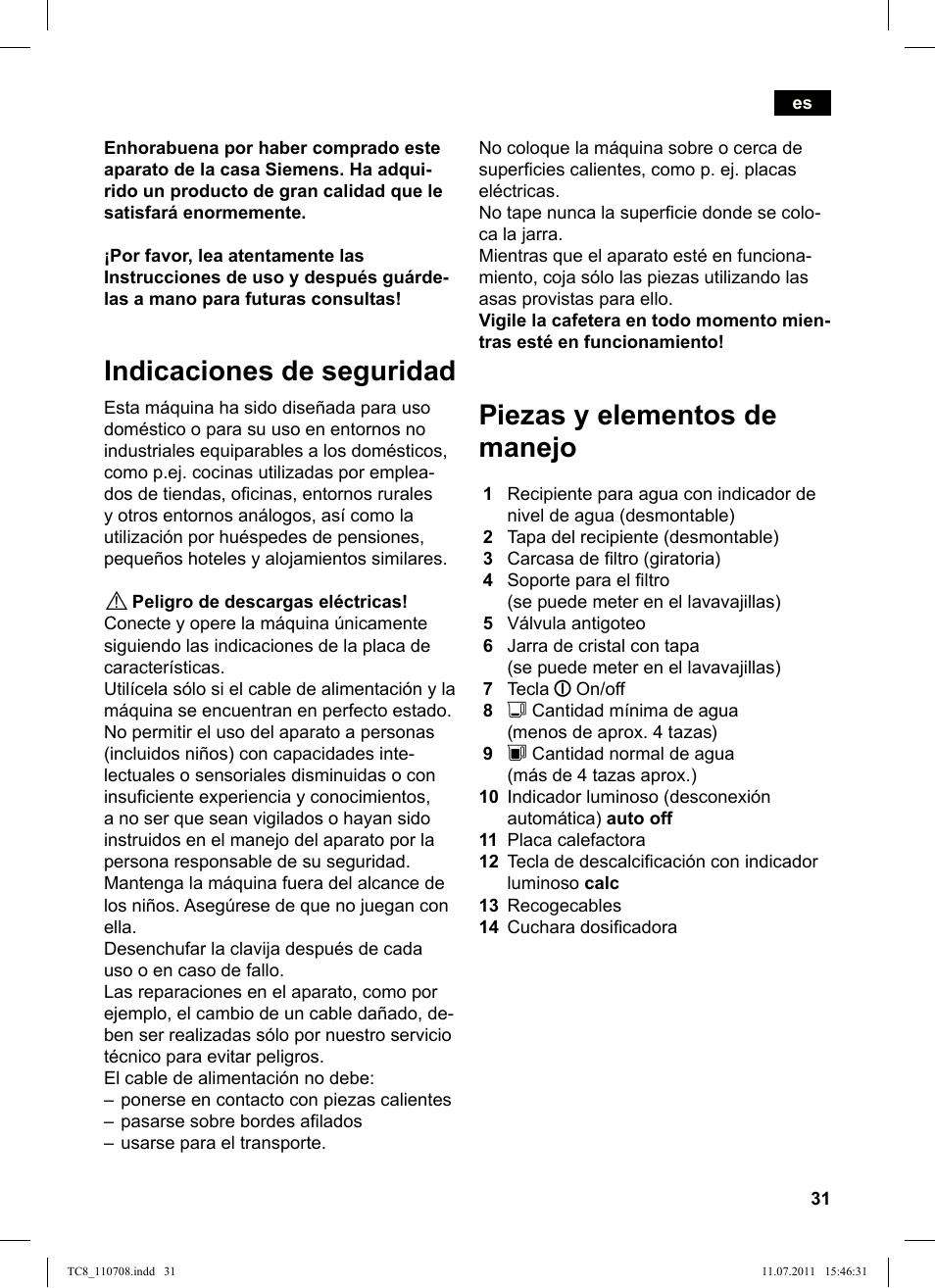 Indicaciones de seguridad, Piezas y elementos de manejo | Siemens TC80104 User Manual | Page 33 / 76